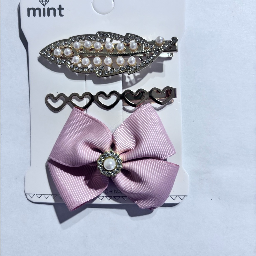 Mint Lavender Bow and Pearl Hair Clip Set